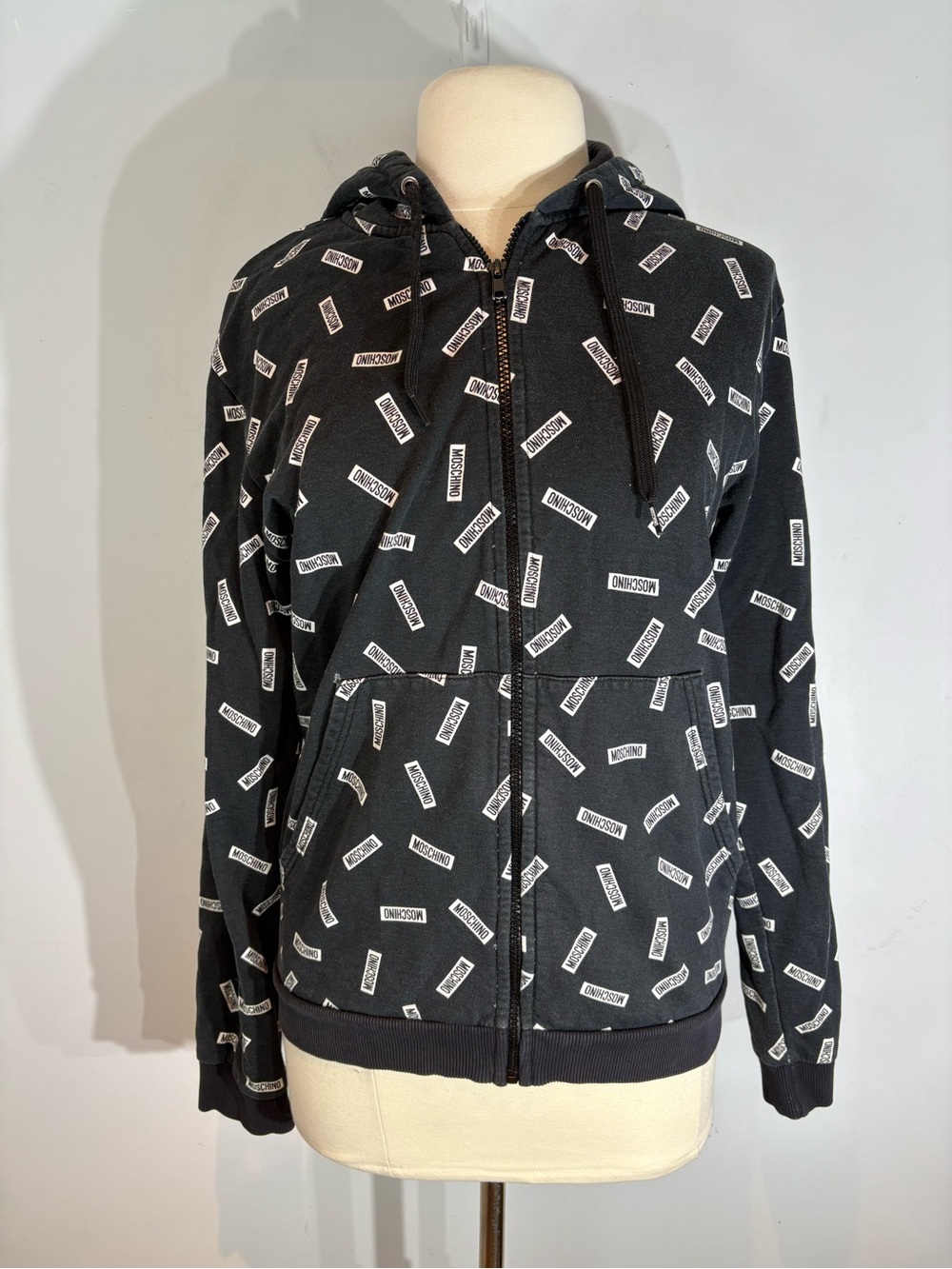 Moschino Underwear All Over Logo Print Full Zip Hoodie Black size small